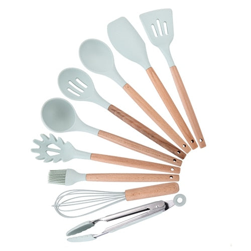9/10/12 piezas Juego de herramientas de cocina Utensilios de cocina de silicona de primera calidad Set con caja de almacenamiento Turner Tongs Espátula Cuchara de sopa
