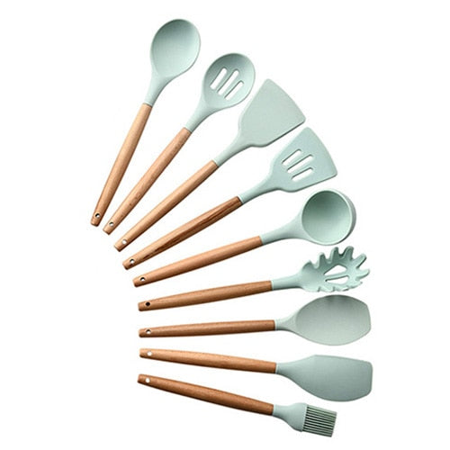 9/10/12 piezas Juego de herramientas de cocina Utensilios de cocina de silicona de primera calidad Set con caja de almacenamiento Turner Tongs Espátula Cuchara de sopa