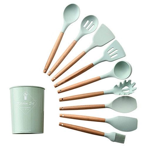 9/10/12 piezas Juego de herramientas de cocina Utensilios de cocina de silicona de primera calidad Set con caja de almacenamiento Turner Tongs Espátula Cuchara de sopa