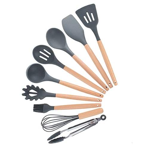 9/10/12 piezas Juego de herramientas de cocina Utensilios de cocina de silicona de primera calidad Set con caja de almacenamiento Turner Tongs Espátula Cuchara de sopa