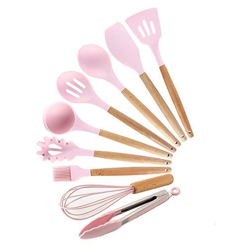 9/10/12 piezas Juego de herramientas de cocina Utensilios de cocina de silicona de primera calidad Set con caja de almacenamiento Turner Tongs Espátula Cuchara de sopa