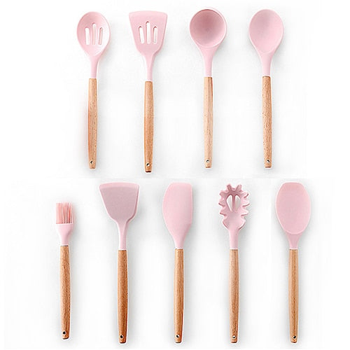 9/10/12 piezas Juego de herramientas de cocina Utensilios de cocina de silicona de primera calidad Set con caja de almacenamiento Turner Tongs Espátula Cuchara de sopa