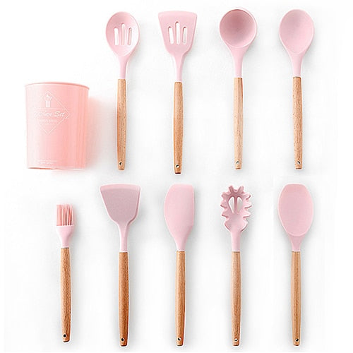 9/10/12 piezas Juego de herramientas de cocina Utensilios de cocina de silicona de primera calidad Set con caja de almacenamiento Turner Tongs Espátula Cuchara de sopa